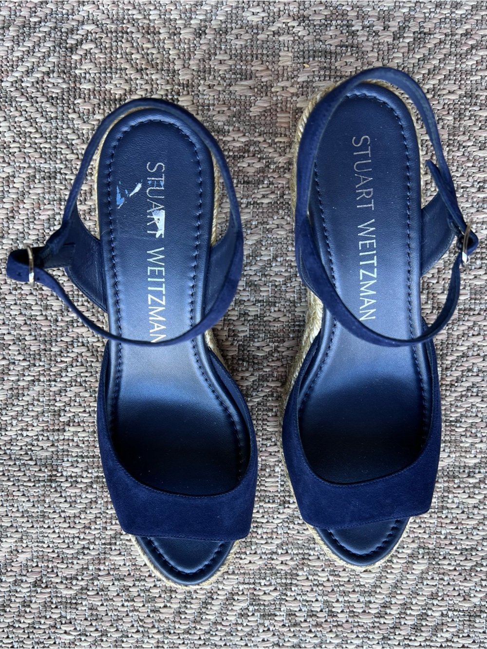 Stuart Weitzman Espadrille Wedge Sandals Navy Blue Slingback Peep Toe 9.5B New - Picture 2 of 7